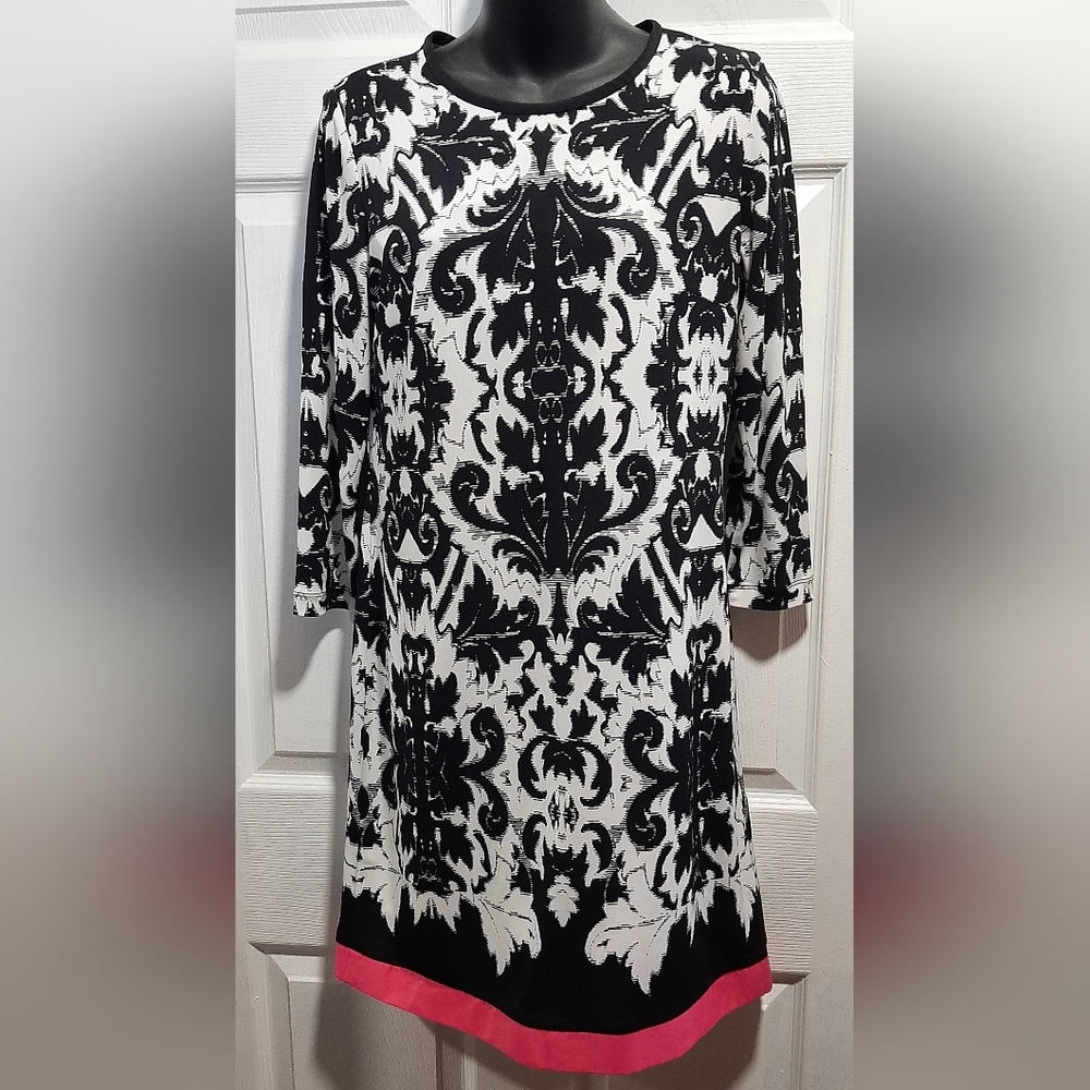 Eliza J Women's Black & White Patterned 3/4 Sleeve Sheath Dress Size 6 Pink Hem